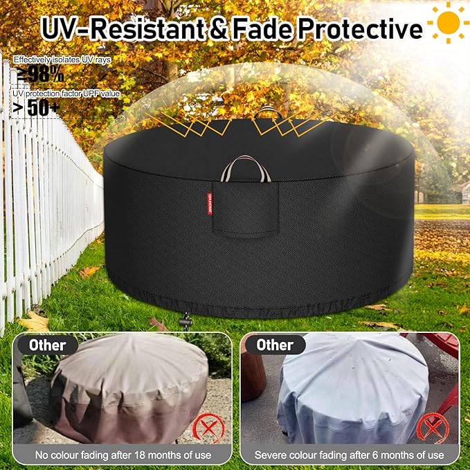 [2025 Upgraded 900D Fabric] Fire Pit Cover Round for 45-48 inch Fire Pit, 900D Heavy Duty Waterproof Fireplace Cover with Air Vent, Handle & Tightening Drawstring, 48"Dia x 24"H -Black
