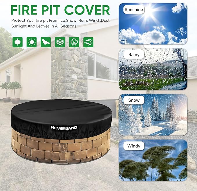 NEVERLAND Round Fire Pit Cover for In-Ground Fire Pits, 61-66 Inch Heavy Duty 600D Waterproof Outdoor Firepit Cover, Fits Built-In Stone Fire Pits, Black