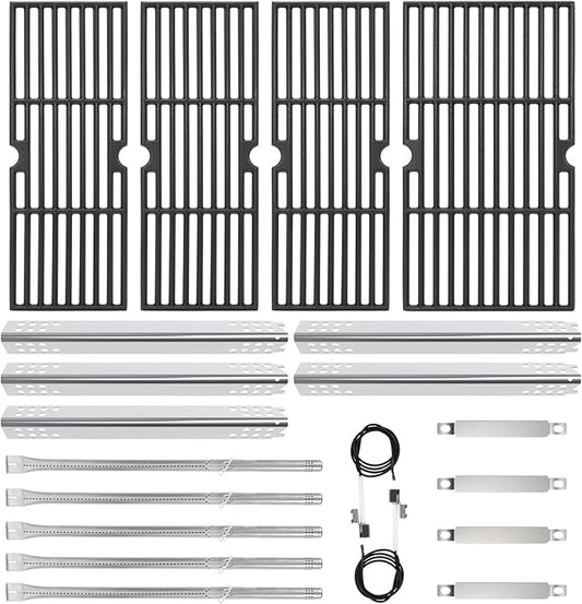 Cast Iron Grill Grates and Stainless Steel Grill Part Kit for Charbroil Performance 5 Burner Grills 463275717 463275517 463243518 463243519, Heat Plates, Burners, Adjustable Crossover Tube, Ignition