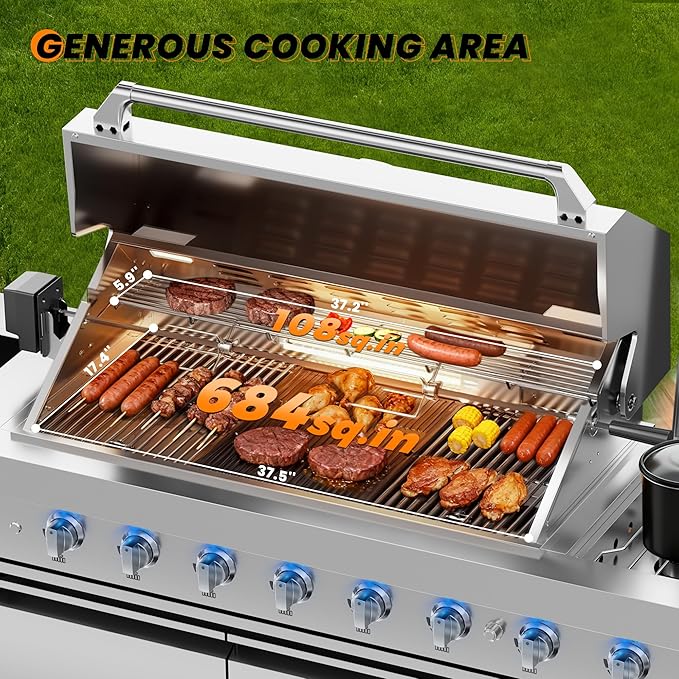 CT Copper Tailor 6-Burner Outdoor Kitchen BBQ Grill Island 99,000 BTUs with Sink, Fridge, Rear Burner, Side Burner, Storage Cabinets & Drawers, Cover, Stainless Steel with Natural Gas Kit)