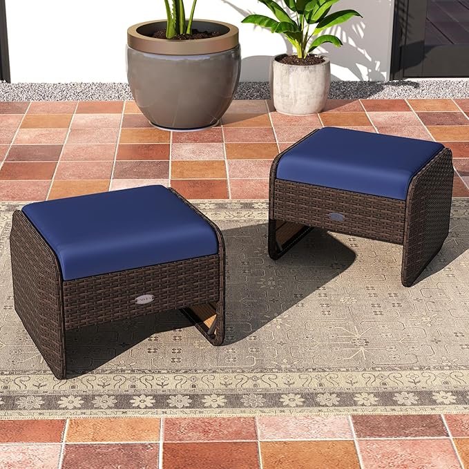 Tangkula 2 Pieces Patio PE Wicker Ottomans with Removable Cushions, Multipurpose Outdoor Furniture for Additional Seating, Footrest and Side Table, Outdoor Footstools for Porch, Backyard (Navy)