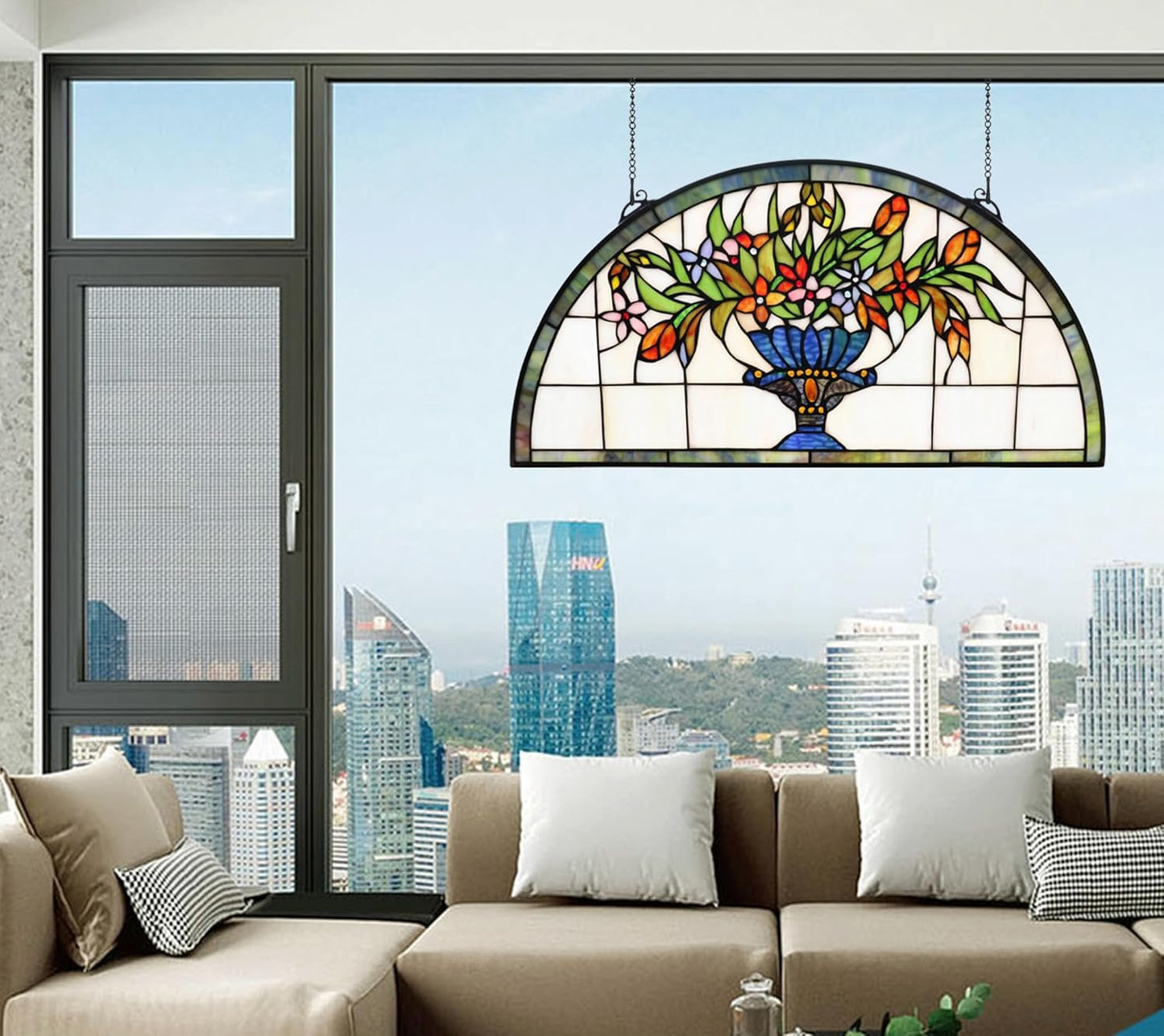 24 inch Flower Stained Glass Window Hanging Half Moon Shade,100% Real Stained Glass Panelfor Home Decor(YLK005)