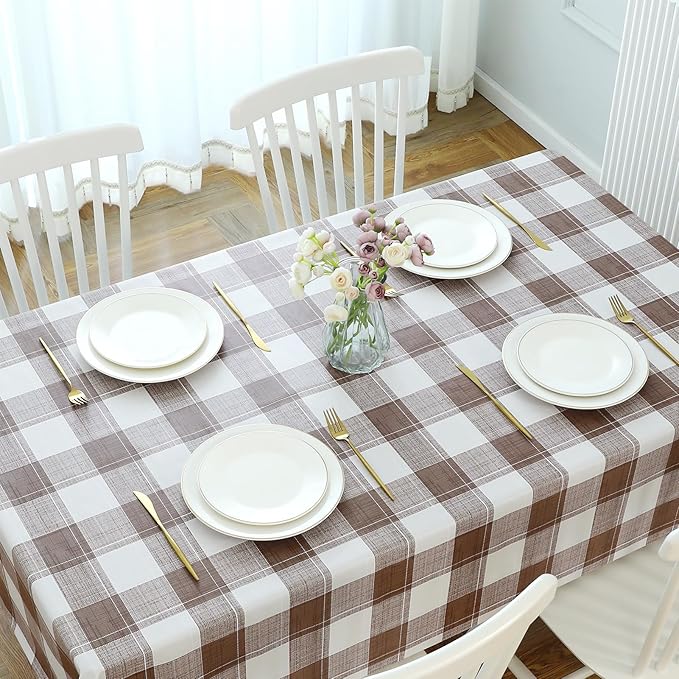Romanstile Square Plastic Tablecloth, 100% Waterproof Oil-Proof Checkered PVC Table Cloth, Heavy Duty Vinyl Table Cover for Dining, Camping, Picnic, Outdoor - 54 x 54 Inch, Brown Checkered