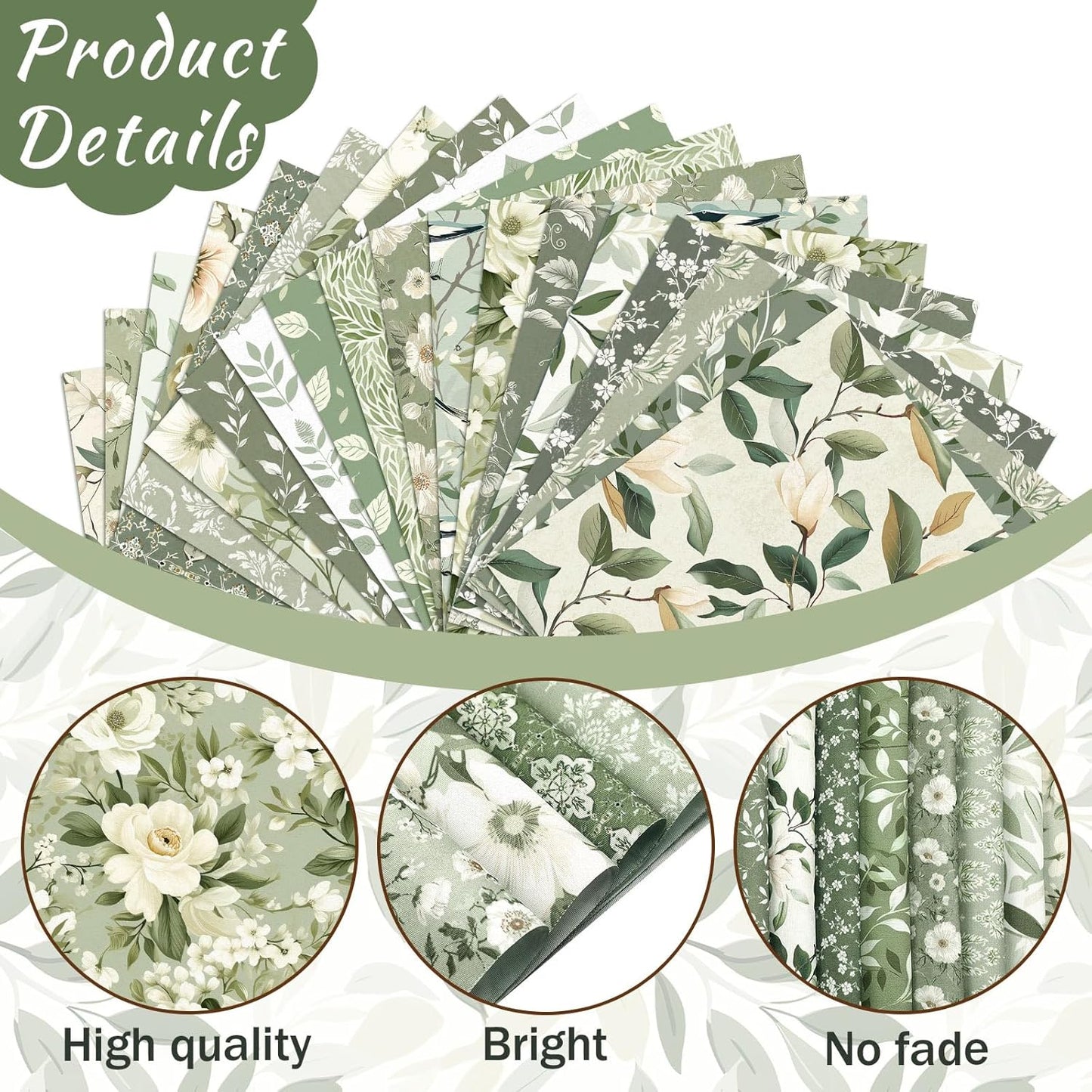 Ganeen 60 Pcs 10 x 10 Inch Sage Green Floral Quilting Fabric Squares Vintage Greenery Fat Patchwork Precut Strips Retro Eucalyptus Printed Fabric Bundles for Holiday DIY Craft Sewing Quilt Material