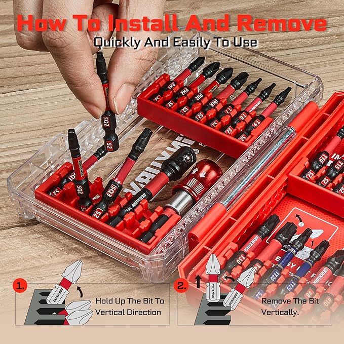 92Pieces Impact Screwdriver Bits Set, Magnetic S2 Steel 1”/2” Phillips/Square/Torx/Slotted/Hex/Pozi Bits Tips and Impact Bit Holder with Red Storage Box Case