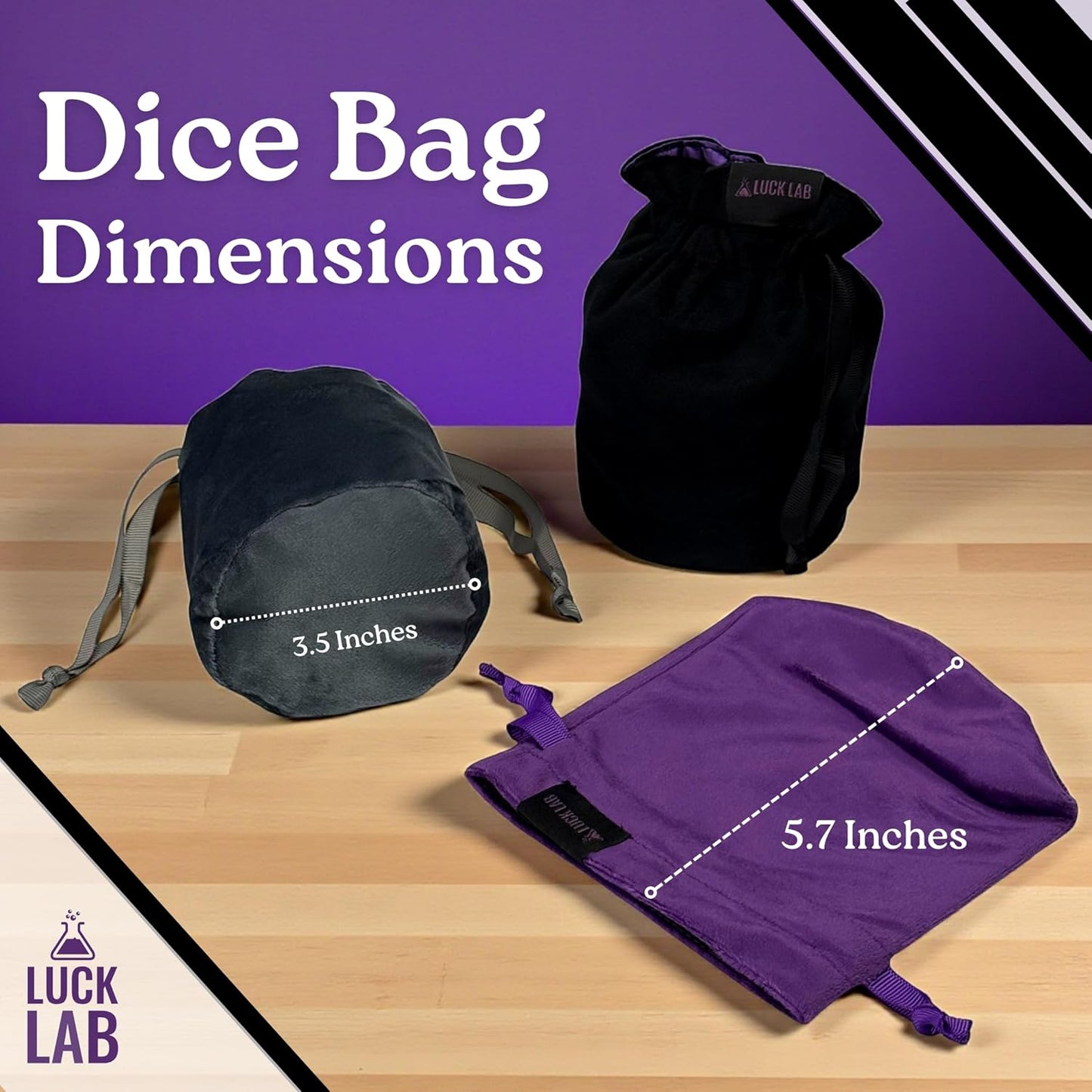 Luck Lab Velvet Drawstring Dice Bag - Set of Three Colors - Dungeons and Dragons Fabric/Standing Cotton Fabric Dice Bags/D&D Dice Pouch/Small Pouch/Velvet Jewelry Bag (Purple, Black, Grey)