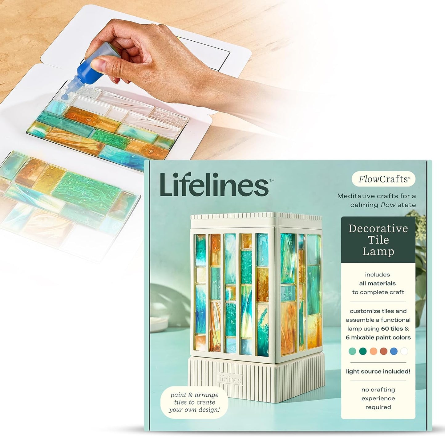 Lifelines FlowCrafts, Decorative Tile Lamp - Customize a Functional Lamp with 60 Tiles, 6 Mixable Paint Colors & Light Source Included - Sensory Arts & Crafts Kit for Teens & Adults