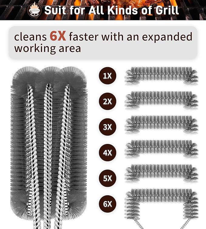 BBQ Grill Cleaning Brush, Heavy Duty Grill Cleaning Brush for Outdoor Grill, 3-Branch Stainless Steel Bristles Cleaner for Easier and Effective Clean, BBQ Tools for Gas/Charcoal Grilling Grates