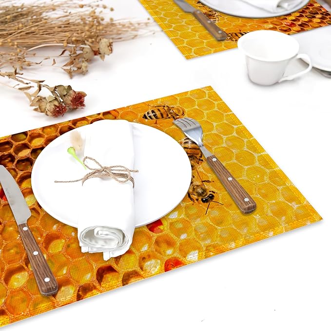 Honey Bee Placemats Set of 6 Linen Heat Resistant,Yellow Honeycomb Table Mats Washable Rustic Place Mats Decoration for Home Kitchen Dining Room Party 12x18 Inch