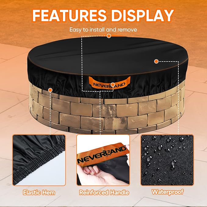 NEVERLAND Round Fire Pit Cover for In-Ground Fire Pits, 52-57 Inch Heavy Duty 600D Waterproof Outdoor Firepit Cover, Fits Built-In Stone Fire Pits, Orange