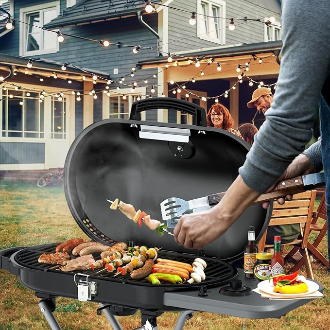 Portable Propane Gas Grill,15,000 BTU BBQ Grill with Top Cover Lid, 406 sq.in. Grilling Areas, 2 Wheels, Built-in Thermometer, Barbecue Gas Grill for Patio,Party,Black