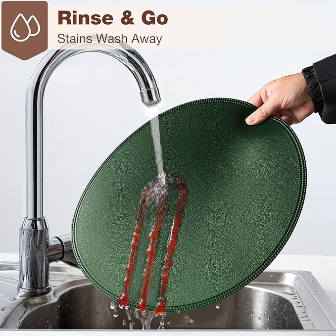 Round Vinyl Green Placemats Set of 6, Faux Leather Waterproof Wipeable Heat Resistant Place Mats, Washable Table Mats for Halloween, Thanksgiving & Christmas Dinner(Green)