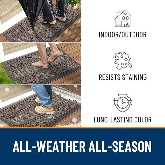 OLANLY Welcome Door Mat Indoor Outdoor Entrance, Heavy Duty Sturdy Front Door Mat, Waterproof All-Weather Doormat, Stain Resistant, Low Profile, Easy Clean Patio Entryway Mat, 47 x 24, Medium Brown