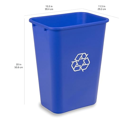 Amazon Basics Trash Can, Rectangular Commercial Office Wastebasket, Recycle Logo, 10 Gallon (Pack of 1), Blue