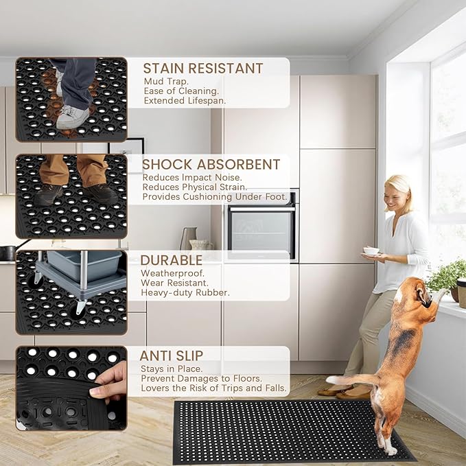 Restaurant Anti Fatigue Mat, Outdoor Rubber Floor Bar Mat, 36"X60" Non-Slip Kitchen Commercial Mat with Drainage for Garage, Entryway, Kitchen, Bar, Black