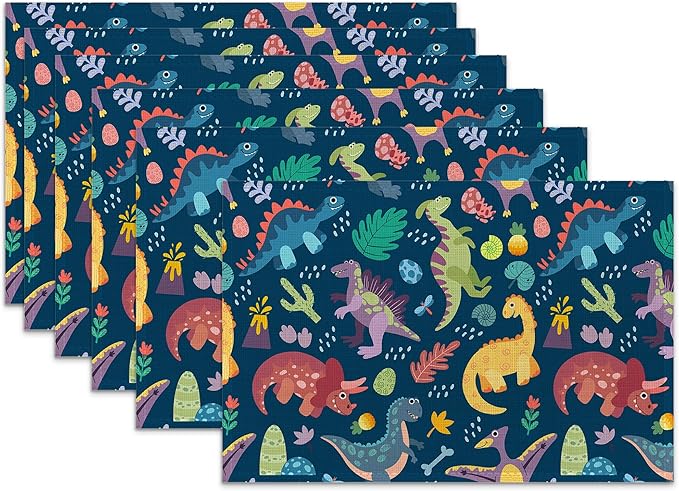 Dinosaur Placemats Set of 6,Cute Tropical Leaves Heat Resistant Table Mats Washable Place Mats for Party Kitchen Farmhouse Home Dining Holiday Decor 12x18 Inch