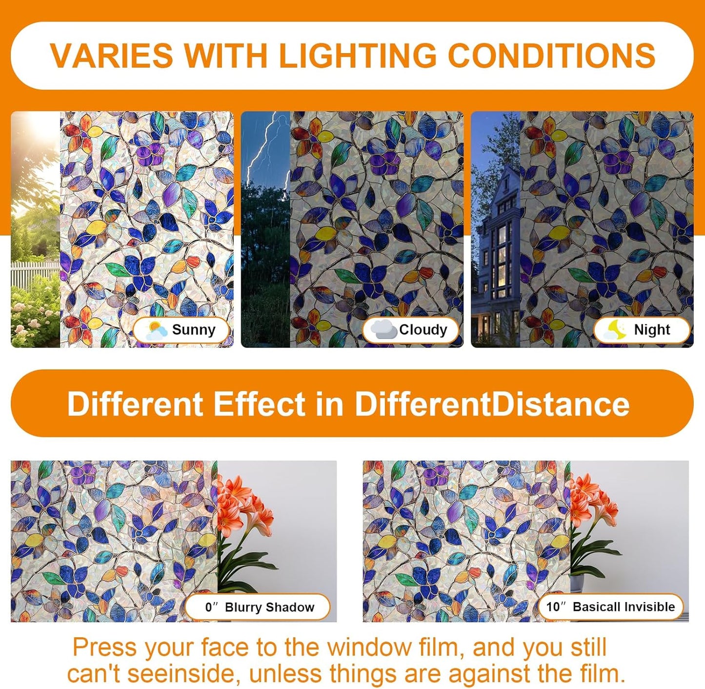 Window Privacy Film Stain Glass Window Film Rainbow Window Film Window clings Non-Adhesive Reusable Decorative for Room (Stained Leaf, 23.6 x 78.7 in)