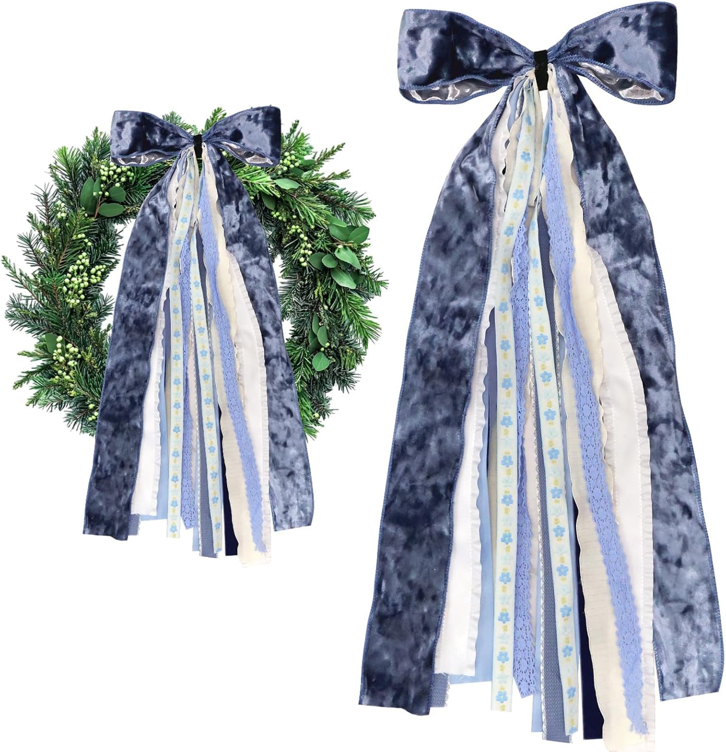 Large Blue Velvet Ribbon Bow for Wreath, Vintage Solid Fabric Ribbons Set Assorted Lace Ribbons Blue White Clip-On Wreath Sash Ribbon Bundle for Winter Christmas Home Indoor Outdoor Decor