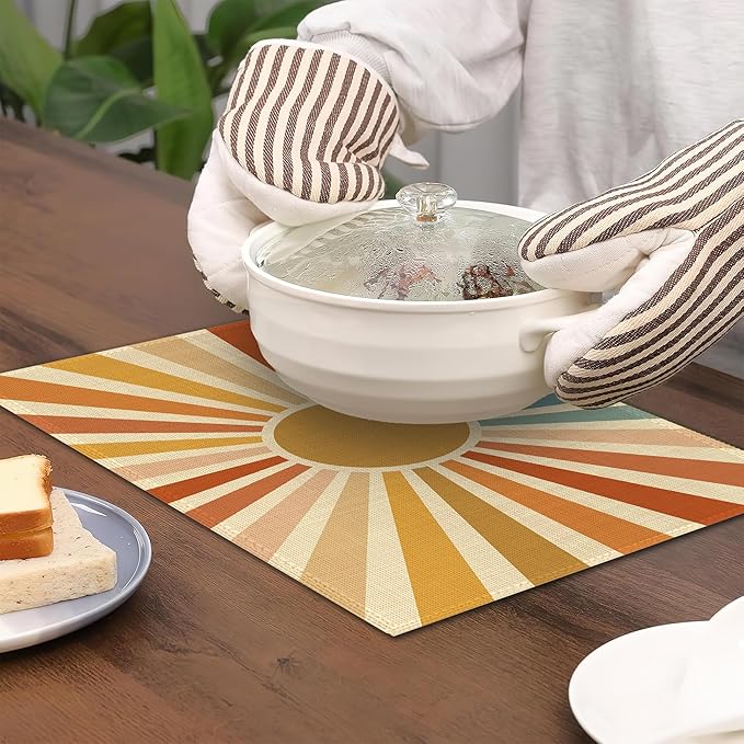 Placemats Set of 6,Vintage Boho Sun Table Mats,Sunrise Sunshine Washable Linen Table Mats,Non-Slip Heat Resistant Placemats for Party Kitchen Dining Indoor Outdoor 12"x18"