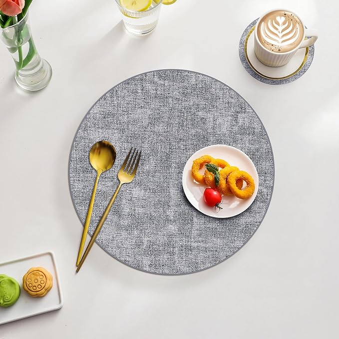 Homaxy Round Faux Leather Placemats and Coasters, Washable Dual-Side Table Mats, Wipeable Heat-Resistant Dining Place Mats for Outdoor and Indoor, Set of 8, Diameter 13 and 3.93 inch, Black