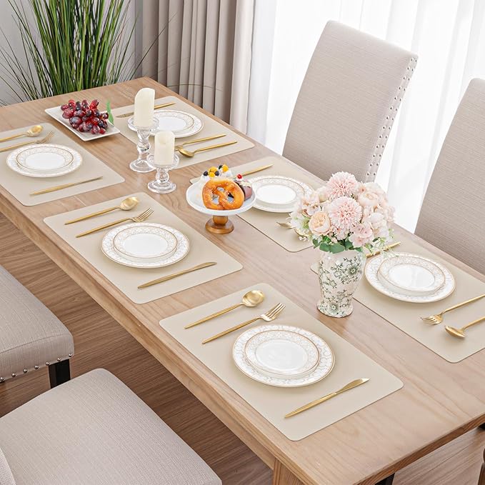SHACOS Placemats Set of 6 Faux Leather Heat Resistant PU Non-Slip Vinyl Place Mats Waterproof Wipeable Table Mats for Kitchen Dining Indoor Outdoor, Beige