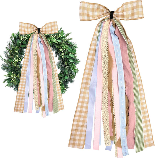 Large Fall Ribbons Bow for Wreath, Orange White Buffalo Plaid Fabric Ribbons Set Assorted Lace Ribbon Blue Pink Clip-On Wreath Sash Ribbon Bundle for Fall Thanksgiving Home Indoor Outdoor Decor