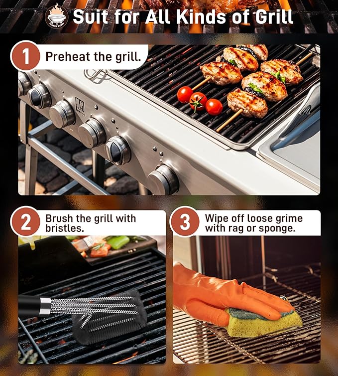 BBQ Grill Cleaning Brush, Heavy Duty Grill Cleaning Brush for Outdoor Grill, 3-Branch Stainless Steel Bristles Cleaner for Easier and Effective Clean, BBQ Tools for Gas/Charcoal Grilling Grates