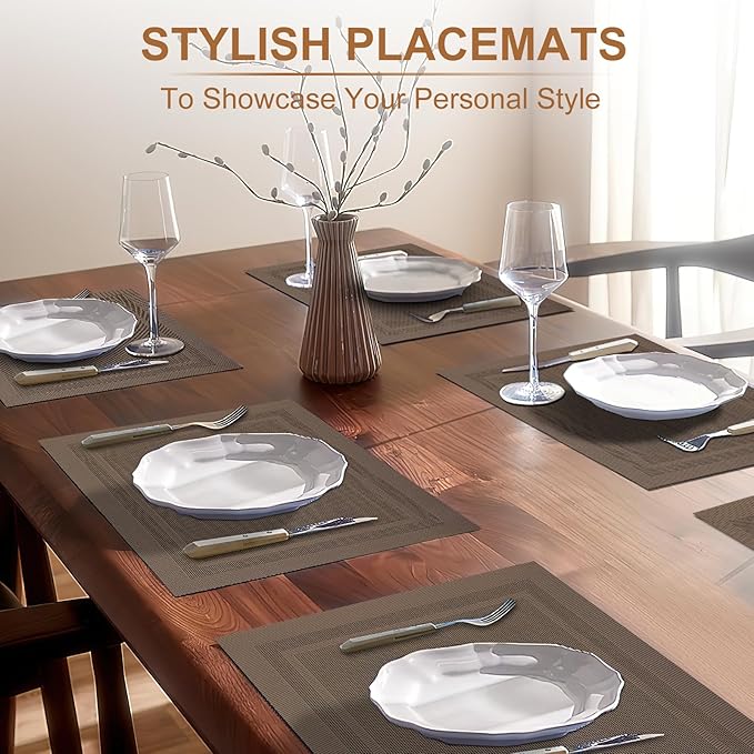 BETEAM Placemats Set of 6, Woven Vinyl Placemat for Dining Table Washable Wipeable Kitchen Place Mats Durable Indoor Outdoor Table Mats