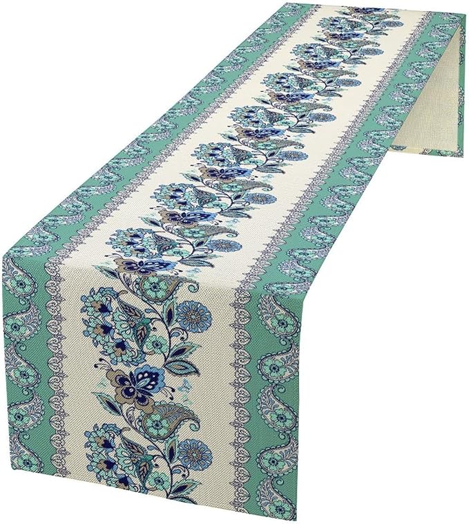 Paisley Table Runner, Vintage Teal Damask Floral Flower Boho Antique Damask Swirled Pattern Rustic Coffee Table Center Decor for Family Kitchen and Living Room Outdoor Table Decorations, 13"x90"