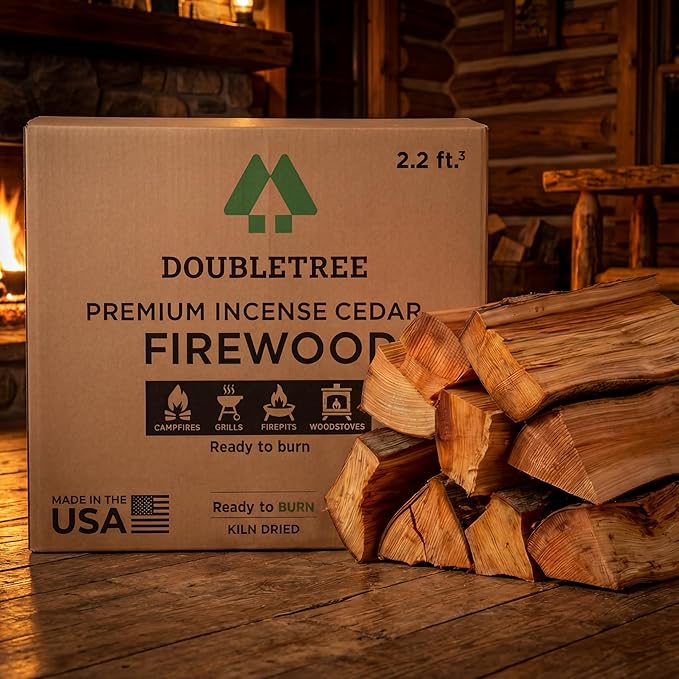 Double Tree - Kiln Dried Premium Incense Cedar Firewood (16inch Logs) (Includes Firestarter) (Large 2.2 Cubic ft for Fireplace,Campfire,Wood Stove, Fire Pit, Split Wood for Solo Stove or Breeo)