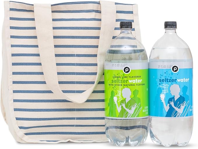 Reusable Canvas Grocery Shopping Bags with Bottle Sleeves - Easy to Organize, Convenient to Carry, Sturdy, Washable and Foldable Cotton Grocery Tote Bags with 80 LB Capacity (Blue Stripe - 3 Bags)