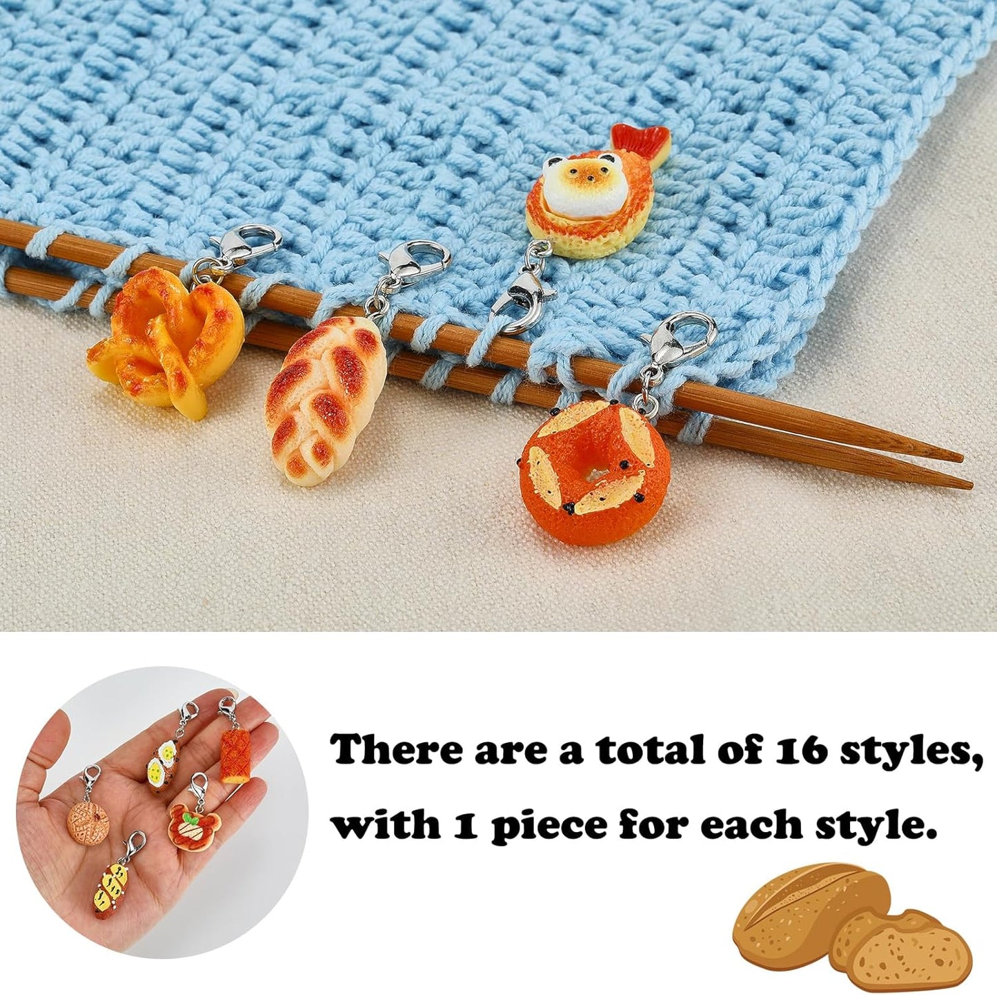 BEEFLYING 16Pcs Bread Stitch Marker Charms for Crocheting and Knitting, Resin Food Style Crochet Knit Stitch Marker Pendant with Lobster Clasp for Sewing Quilting Handmade Jewelry