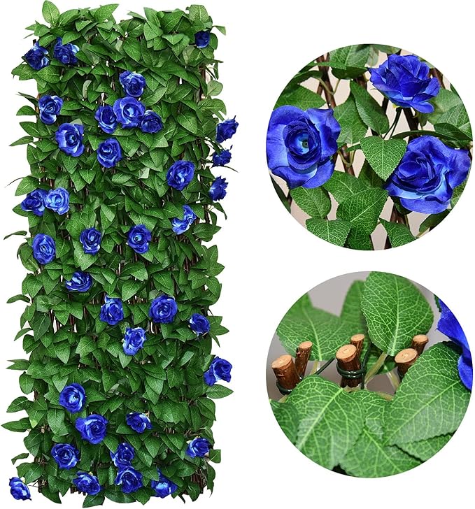 Expandable Fence Privacy Screen for Balcony Patio Outdoor,Decorative Faux Ivy Fencing Panel,Artificial Hedges (Single Sided Leaves) (2, Blue Flowers)