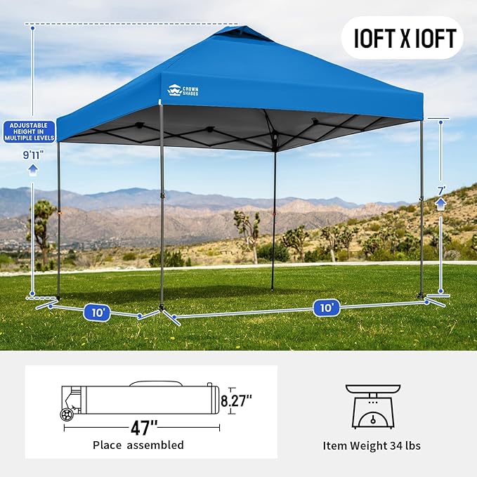 CROWN SHADES Adjustable Height on The Fly, 10x10 Pop Up Canopy - Beach Tent with One Push Setup - Easy Outdoor Sun Shade for Events, Parties, Camping - Outside Shade with STO-N-Go Bag, Blue