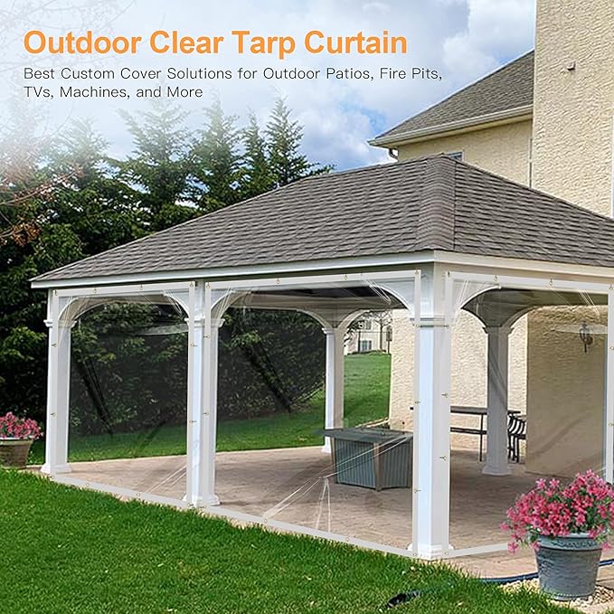 7 x 20FT Outdoor Clear Tarp Curtain Waterproof Wind-Proof 24 Mil Transparent Vinyl Tarp for Patio Pergola Garden Canopy Rainproof Anti-Tear PVC Thick Cover with Grommets