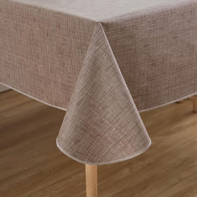LIBERECOO Vinyl Tablecloth with Flannel Backing, Flaxen, Waterproof, Stain-Resistant, Easy-Clean Table Cover for Dining, Kitchen, and Outdoor Use, 60" x 60" Square