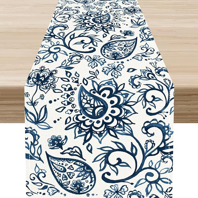 Blue Paisley Table Runner, Vintage Damask Antique Floral Flower Boho Damask Swirled Rustic Coffee Table Center Decor for Family Kitchen and Living Room Outdoor Table Decorations, 13"x36"