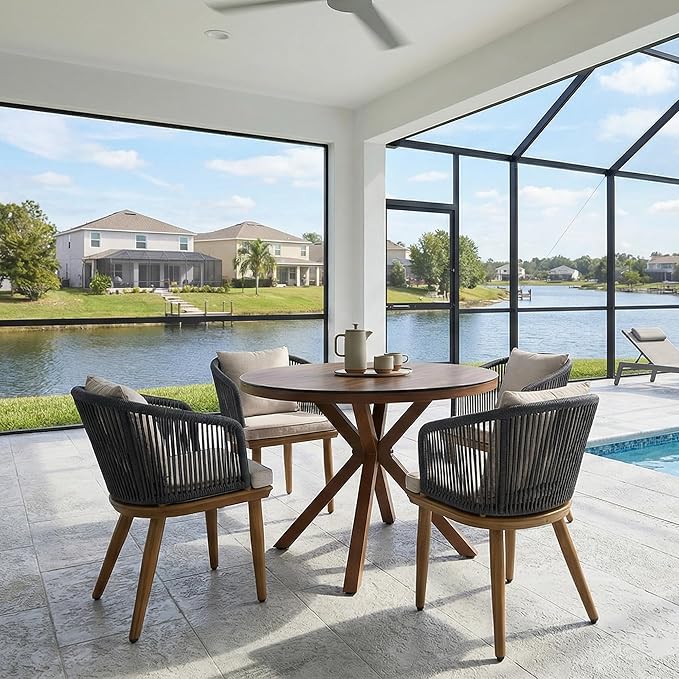 PURPLE LEAF 5 Pieces Patio Dining Set Wicker Outdoor Furniture Round Table and Chairs Set for Garden Deck Teak-Finish Aluminum Frame Backyard Kitchen Set, Cushions and Pillows Included