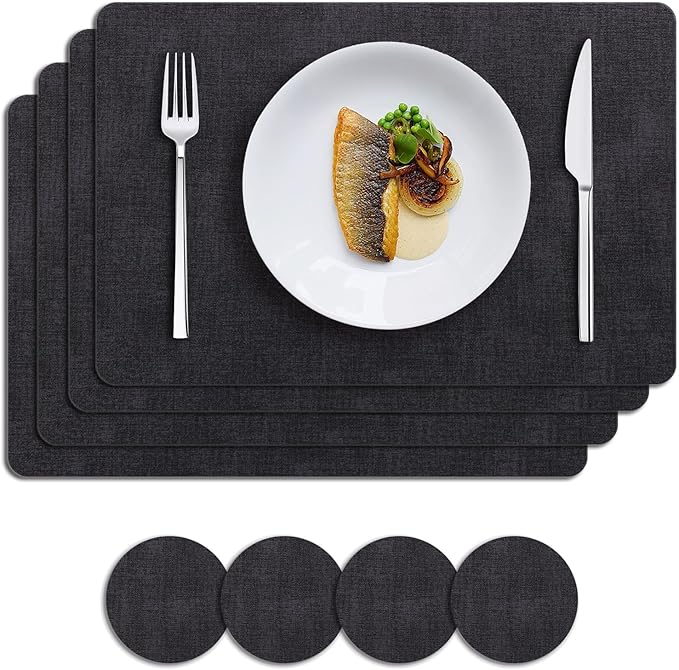 MOSAYT Placemats Set of 4, Heat Resistant Vinyl Place Mats with Coasters, 100% Waterproof Wipeable Washable Faux Leather Table Mats for Kitchen Dining Party Indoor Outdoor, 12" x 17", Black
