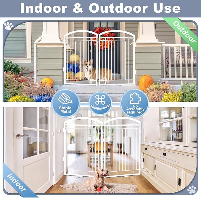 Full Metal Free Standing Dog Gate with Door for Indoor Outdoor, 48'' Extra Wide 32'' Tall Dog Gate for Doorways,Large Openings,Decks,Pet Puppy Freestanding Safety Fence(2 Panels,White)