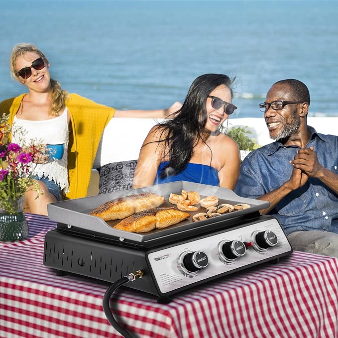Royal Gourmet PD1301S Portable 3-Burner Tabletop Gas Griddle, 25,500 BTU Cooking Power, 304 Sq. In. Cooking Surface, Ideal for Camping & Tailgating, Black & Silver