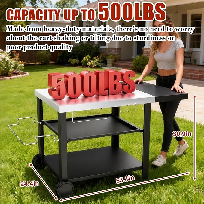 Outdoor Kitchen Island, Grill Cart with Drawer, Pizza Oven Stand, Movable 3-Shelf Prep Table with Side Table for Ninja Woodfire, Ooni Pizza Oven, Blackstone Griddle, Cuisinart, Cooking Station
