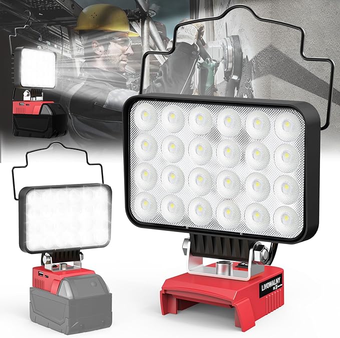 LIVOWALNY LED Work Light Compatible with Milwaukee 18V Battery, 88W 8800 LM Flashlight with 140° Pivoting Head, Portable Flood Lights with USB-A & Type-C Output Port for Camping Construction Emergency