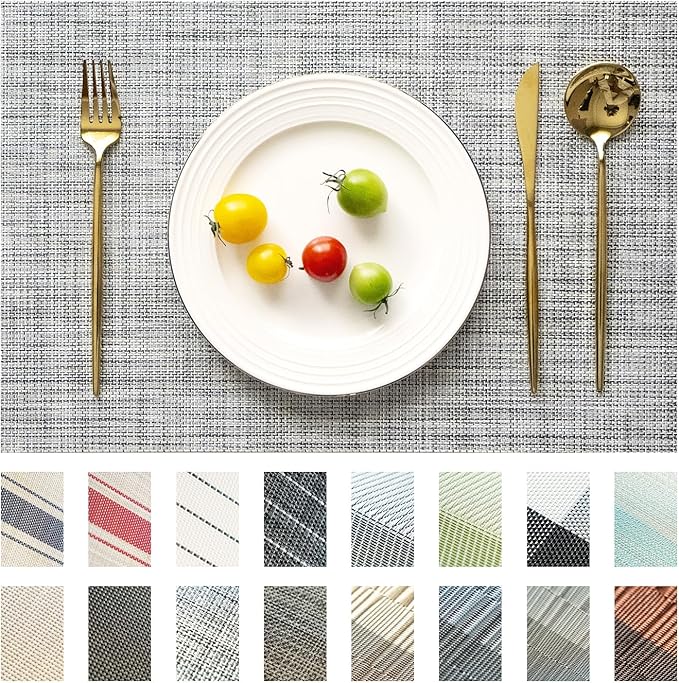 Placemats Set of 6 Vinyl/Plastic Woven Place Mats for Kitchen Table Indoor/Outdoor Washable Placemat Wipeable Dining Table Mats (Grey,6)