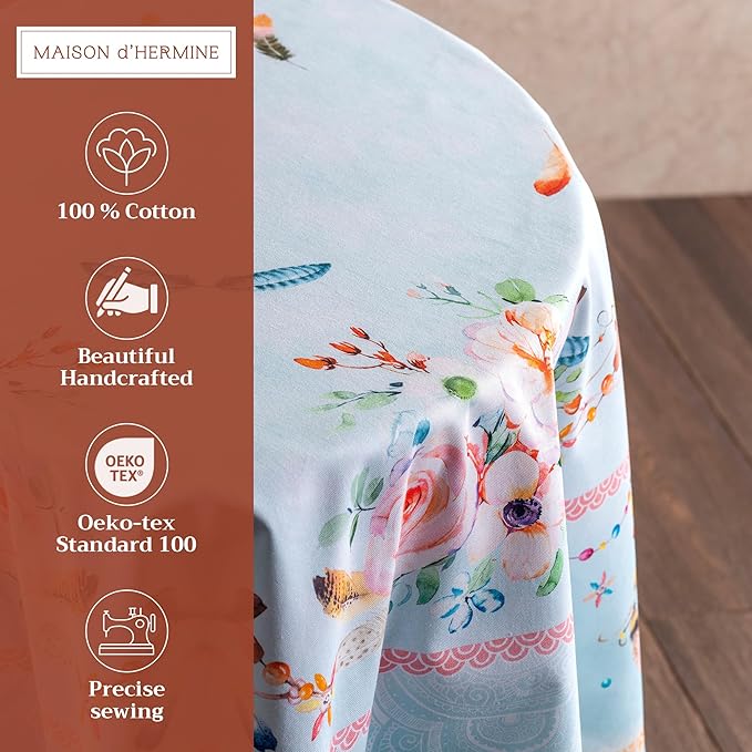 Maison d' Hermine Table Cloth Round Table 100% Cotton 69 Inches Tablecloth Reusable Decorative Everyday Use for Dining Room, Farmhouse, Home, Party, Festive & Wedding Spring Summer - Ibiza