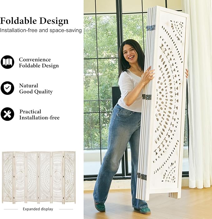 Room Divider Wood Carved Wall Divider Indoor Folding Bohemian Style Portable Partition Screen for Home Office Garden Terrace - 6 Panels (Antique, White-Washed)