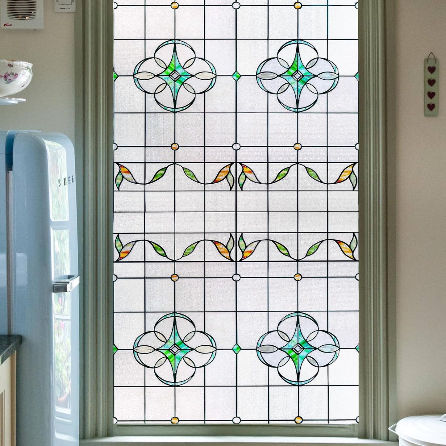 3D Stained Glass Window Privacy Film, Heat Control UV Blocking Static Cling Decorative Window Film for Bathroom,Front Door,Home Non Adhesive,35.4 x 78.7 inches Verdant Whispers