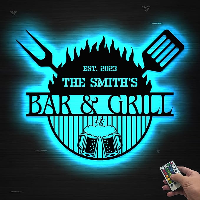 Custom Bar LED Sign - Personalized BBQ Sign, Beer Metal Wall Art, 16-Color LED with Remote Control, Light Up Grill Decor for Patio, Home Bar, Backyard BBQ Decorations