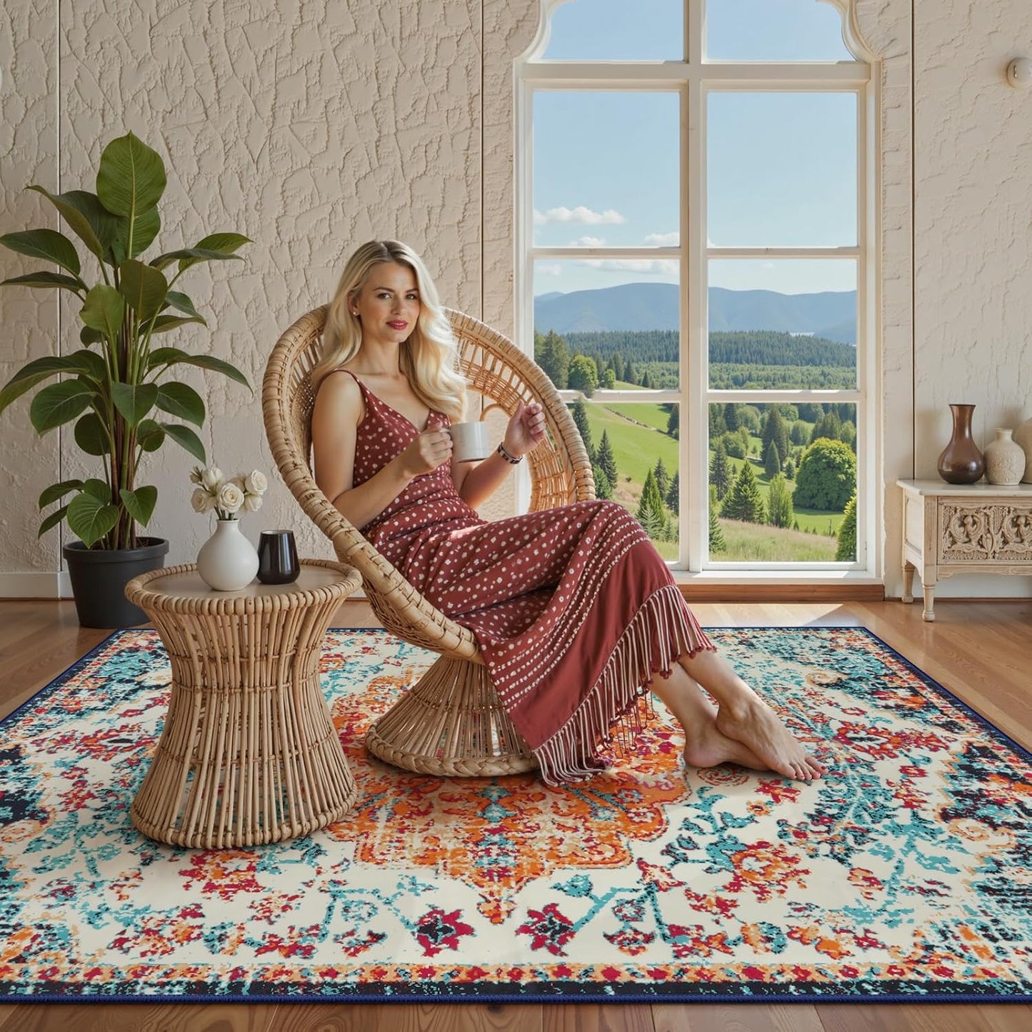 Lahome Bohemian Floral Medallion Area Rug - 4x6 Oriental Distressed Bedroom Rug Country Vintage Faux Wool Indoor Throw Mat Non-Slip Washable Low-Pile Carpet for Bathroom Living Kitchen Laundry Room