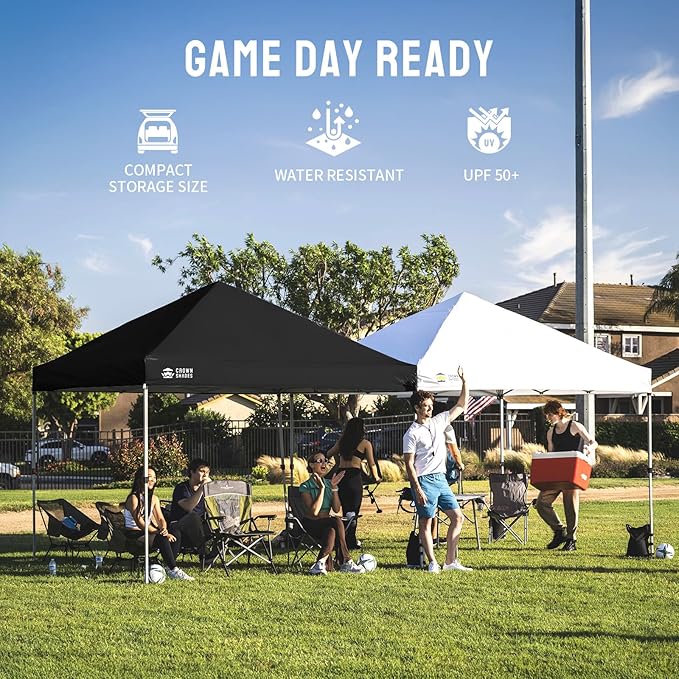 CROWN SHADES 8x8 Pop Up Canopy, Patented Center Lock One Push Instant Popup Outdoor Canopy Tent, Newly Designed Storage Bag, 8 Stakes, 4 Ropes, Silver-Coated Black